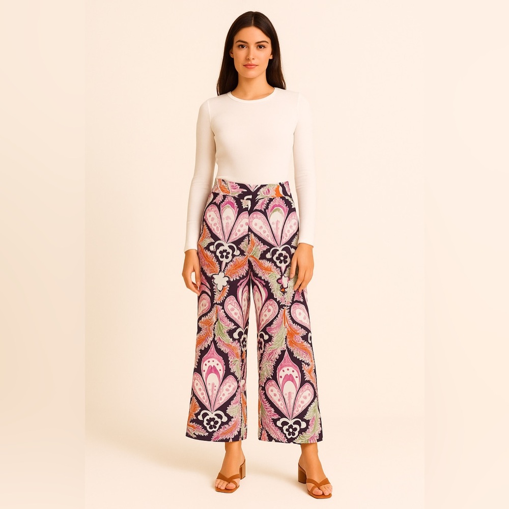 Zara Floral-Print Wide Leg Trousers - Pink Multi